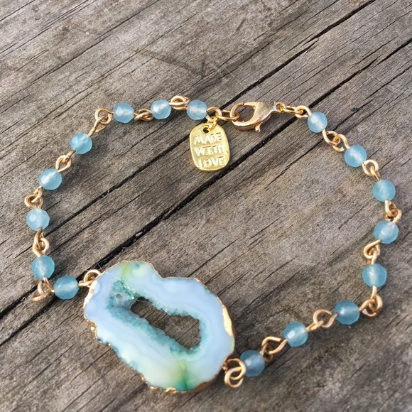 Jewelry - Aquamarine Gemstone Agate Slice Gold Bracelet